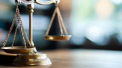 Classic brass balance scales symbolizing justice and equality with a blurred backdrop creating a thoughtful mood : Generative AI