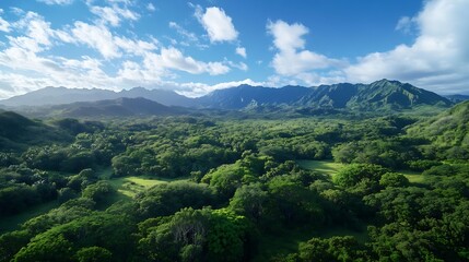 Naklejka premium Aerial view of a dense green forest and mountains under a bright blue sky with fluffy clouds creating stunning scenery : Generative AI