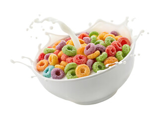 Colorful cereal rings in a bowl with milk splash.