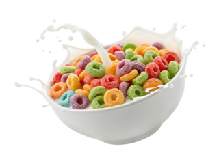 Colorful cereal rings in a bowl with milk splash.