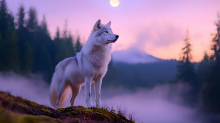 Majestic White Wolf in Misty Mountain Forest at Night