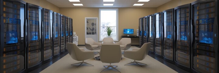 Modern Data Center Interior: Servers and Meeting Area