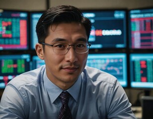 Fototapeta premium Serious Asian Businessman Examining Financial Statistics and Trends on Multiple Computer Displays, Perfect for Illustrating Data Science, Fintech, and Investment Technology