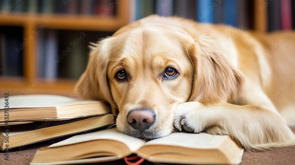 Poster golden retriever dog lying on open book in cozy indoor library setting : generative ai