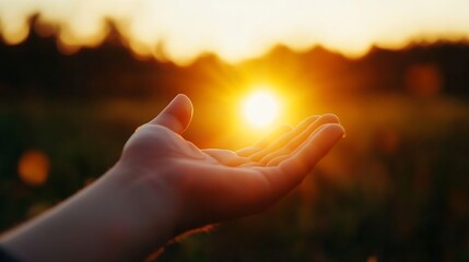 Hand holding the sun during golden hour showcasing a magical sunset moment in nature : Generative AI