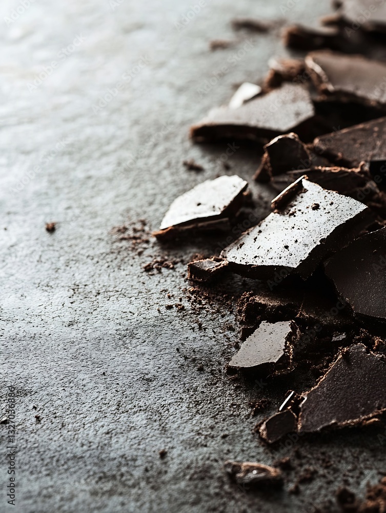 Aufkleber rich dark chocolate pieces crushed on a textured stone surface emphasizing the luxury and indulgence