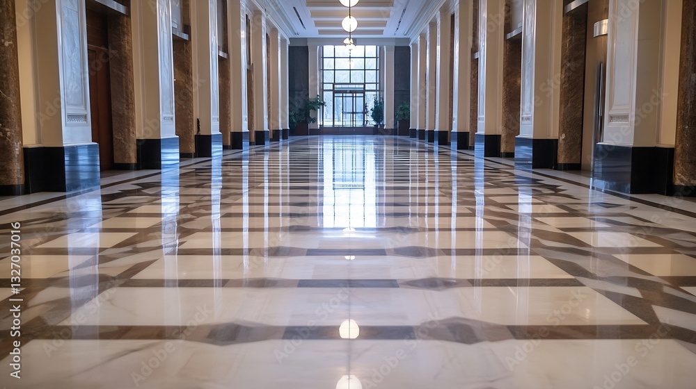 Poster elegant interior hallway featuring polished marble floor and tall columns in a modern building : gen