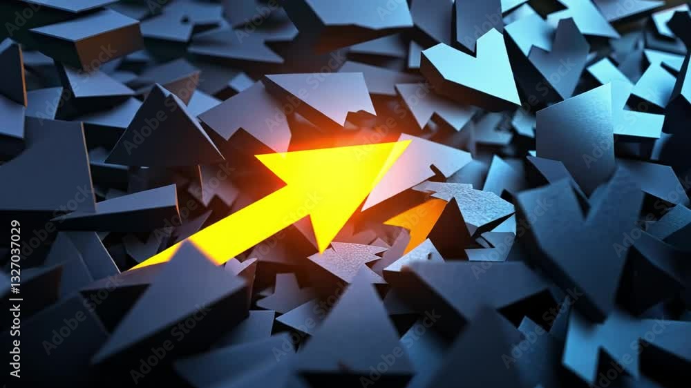 Aufkleber bright yellow arrow pointing upward in dark geometric shapes, showcasing abstract design and symboli