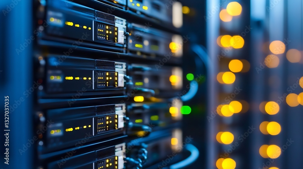 Leinwandbilder Hightech server equipment illuminated with bright lights in a modern data center environment : Generative AI