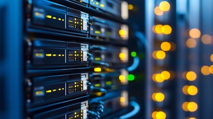 Hightech server equipment illuminated with bright lights in a modern data center environment : Generative AI