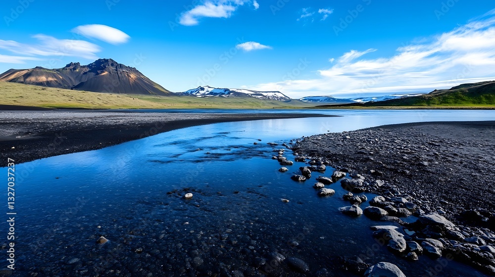 Poster breathtaking view of a tranquil river meandering through a stunning landscape with mountains in the 
