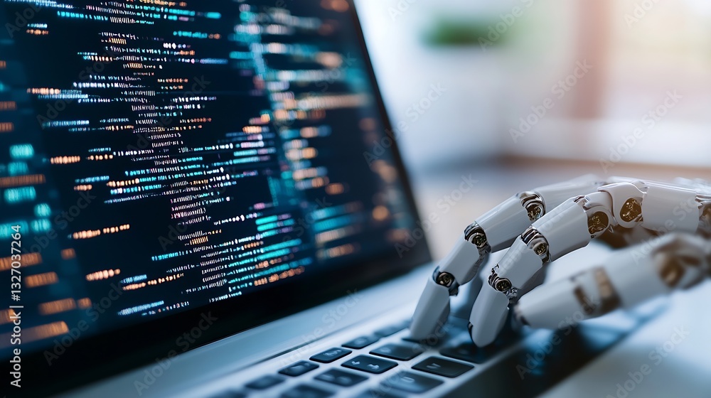 Aufkleber Robotic hand typing on laptop with code displayed for digital innovation theme : Generative AI