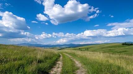 Fototapeta premium Expansive view of grassy hills under a blue sky with fluffy clouds creating a peaceful landscape : Generative AI