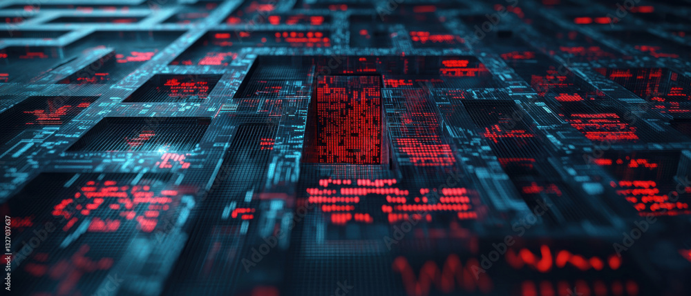 Poster economic risk inflation. digital data matrix with red code against a dark background.