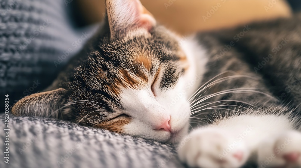 Aufkleber sleepy cat resting comfortably on a soft couch surrounded by a cozy atmosphere : generative ai