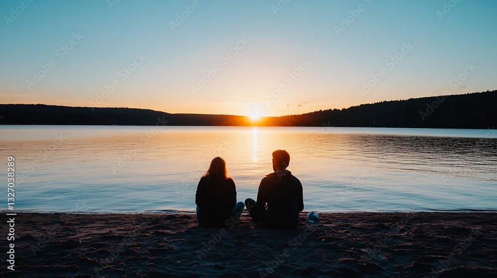 Aufkleber serene sunset view of a couple sitting on the beach beside a calm lake reflecting the evening sky : 