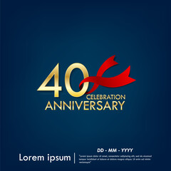40th years anniversary celebration emblem. elegant golden anniversary logo isolated with red ribbon on dark blue background. vector illustration template design for web, flyers, poster, greeting card