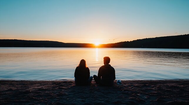 Serene sunset view of a couple sitting on the beach beside a calm lake reflecting the evening sky : Generative AI