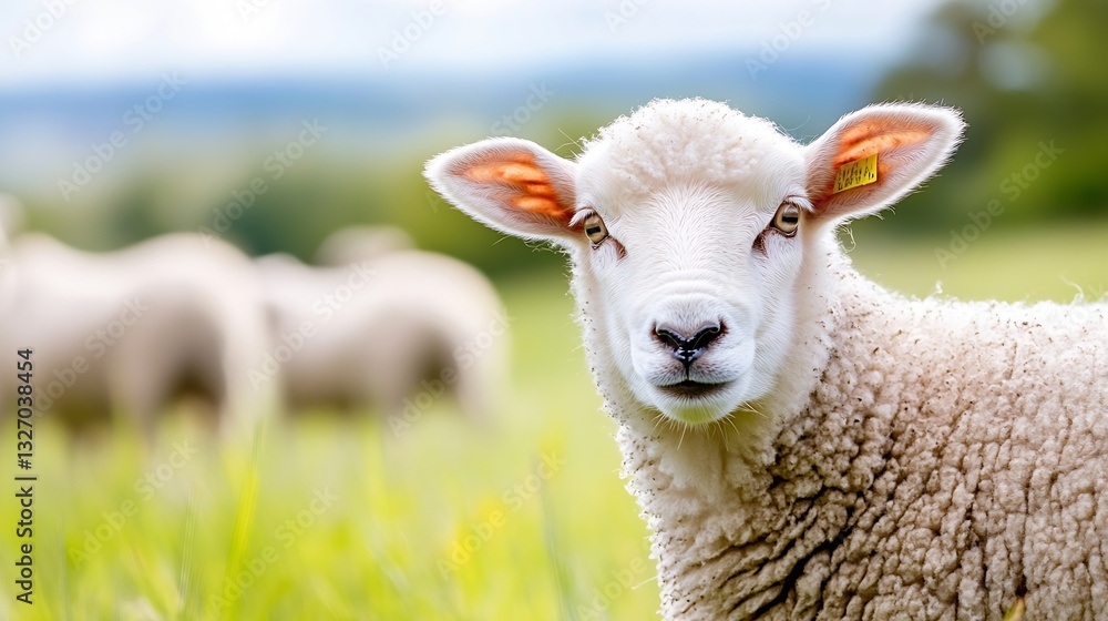 Poster close up of a curious sheep with a beautiful countryside background in vibrant green grass : generat