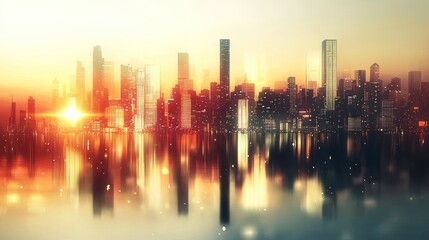 Fototapeta premium Sunset Cityscape: Golden Hour Reflection