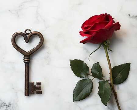 Heart-shaped key and red rose on marble background, symbolizing love, romance, and Valentine's DayFree space for text or design