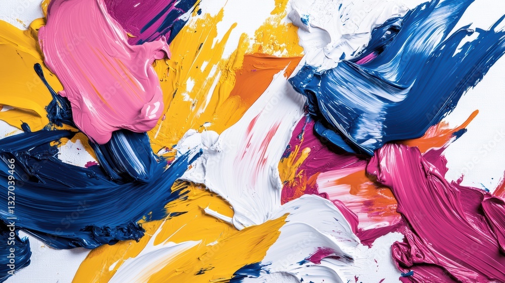 Poster vibrant colorful paint splatters creating an energetic expression of creativity on a white canvas in