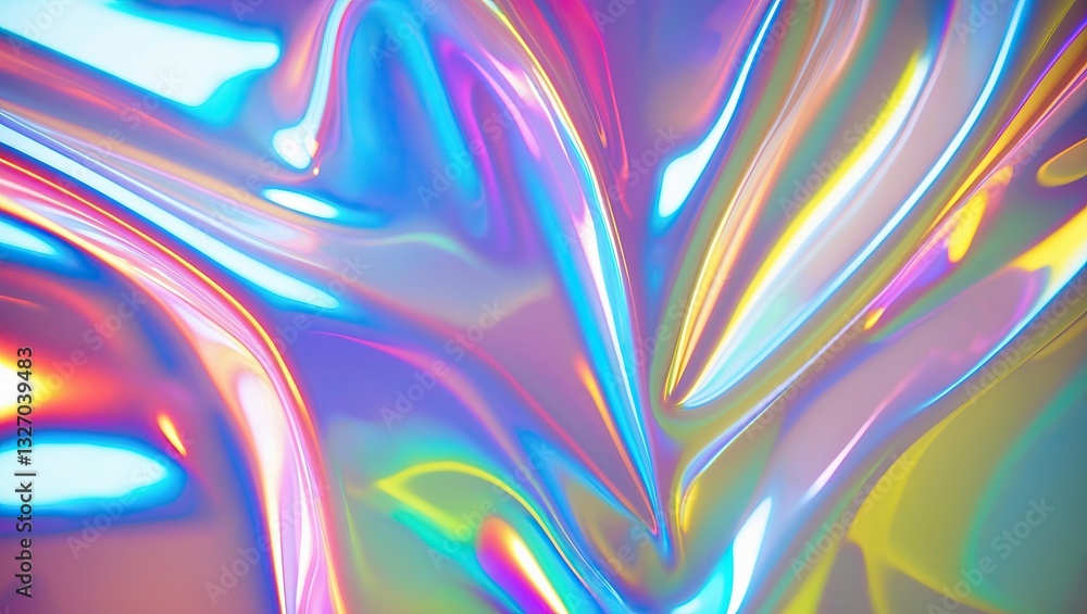 Poster a vibrant and colorful abstract holographic background with smooth, flowing curves and a shiny surfa