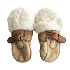 Faux Fur Lined Mittens with Leather Strap Isolated on Transparent Background