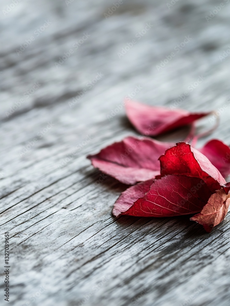 Poster dried red leaves elegantly scattered on weathered wooden surface bringing autumn vibes : generative 