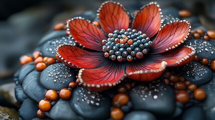 Stunning Red Flower Art on Dark Stones with Water Droplets Close up Macro Photography