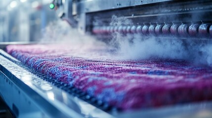 Industrial carpet cleaning machine in action, steaming a large purple rug.