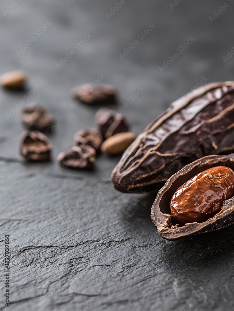 Aufkleber Raw cocoa beans and pods displayed on a dark stone surface highlighting the process of chocolate making : Generative AI
