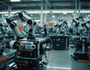 Fototapeta premium Advanced Robotic Arms in a Modern Manufacturing Plant, Showcasing Automation and High-Tech Production Processes