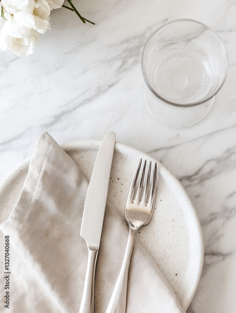 Aufkleber elegant table setting featuring a simple plate cutlery and a stylish glass on marble surface : gener