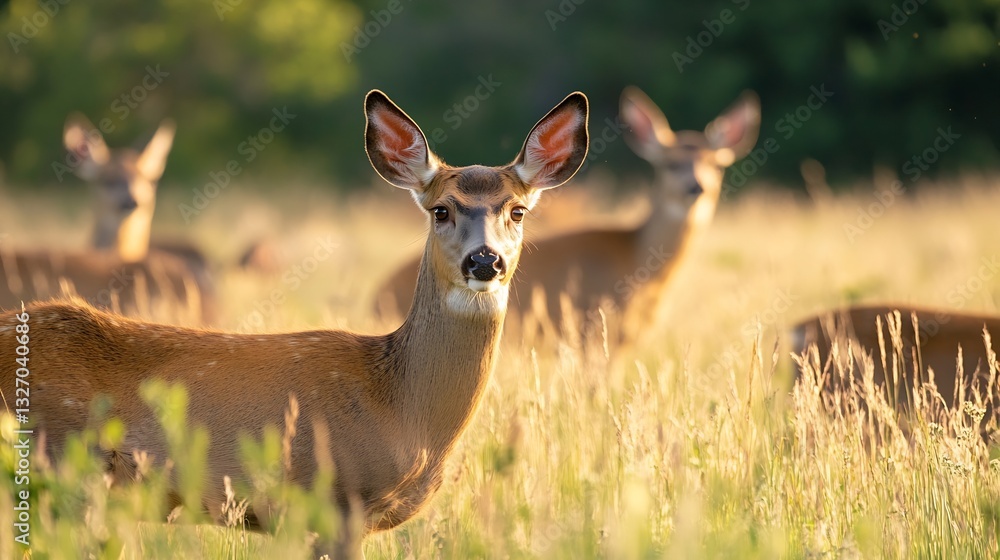 Poster group of deer peacefully grazing in a golden field under the warm light of the setting sun : generat
