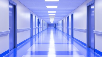 Fototapeta premium A long, empty hospital corridor with blue floors and walls, illuminated by bright overhead light