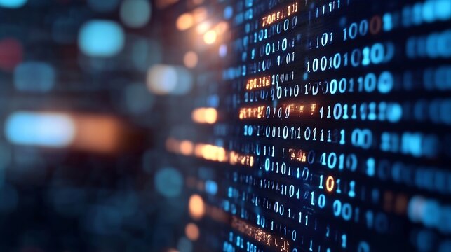 Abstract digital representation of binary code flowing on a glowing surface in a technological setting : Generative AI