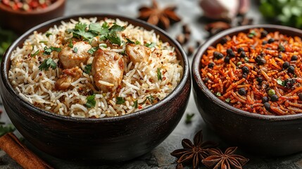 Aromatic Chicken and Spicy Rice Dishes in Wooden Bowls, Close-up View of Indian Cuisine with Fresh Herbs and Spices