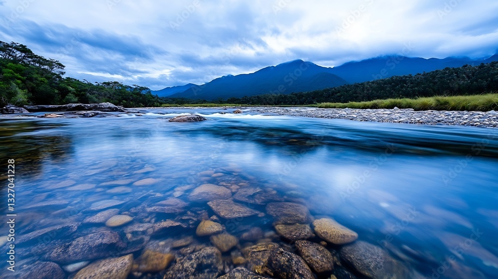 Poster Serene river stream with smooth pebbles and majestic mountains in the background : Generative AI