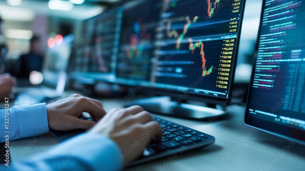 Aufkleber Closeup of a professional working on multiple computer screens displaying financial data and charts : Generative AI