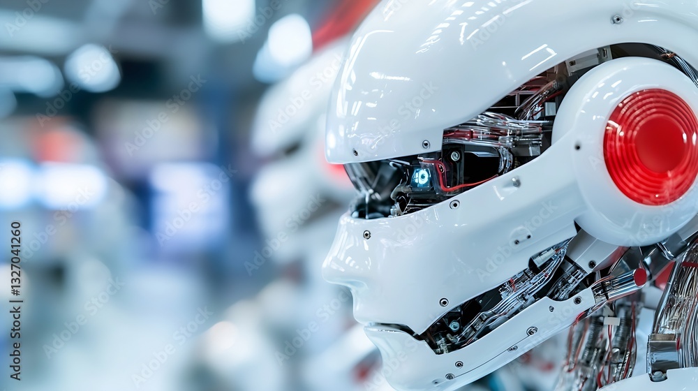 Poster Futuristic humanoid robot head showcasing advanced artificial intelligence technology in a bright laboratory setting : Generative AI