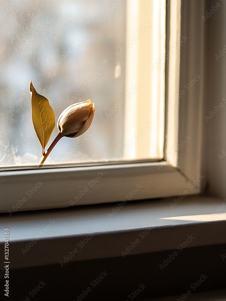 Poster A single magnolia flower bud resting on a window sill illuminated by soft natural light : Generative AI