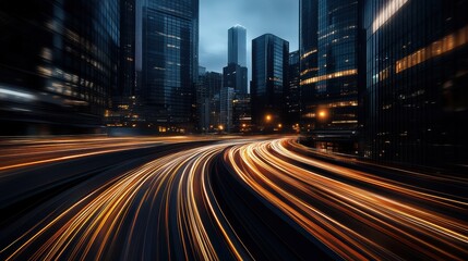 Fototapeta premium Vibrant City Lights Dance in a Sunset Sky With Glowing Trails Weaving Through Skyscrapers at High Speed Generative AI