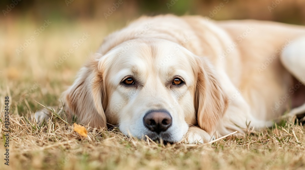 Poster golden retriever dog resting on dry grass looking relaxed and content in a beautiful outdoor setting