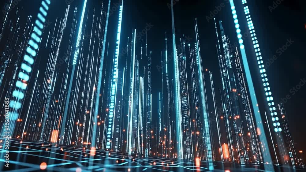 Poster futuristic digital landscape glowing lines and data streams in blue network of technology and innova