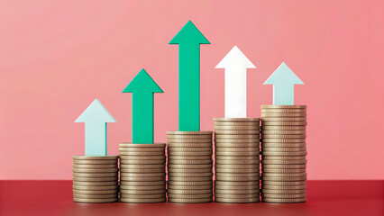 Stacked Coins with Growth Arrows – Financial Growth and Investment Concept