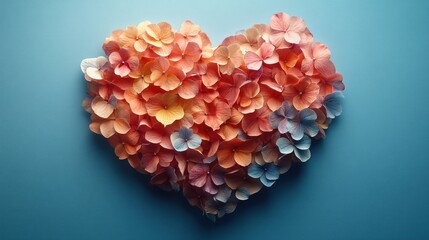 Fototapeta premium Pastel Hydrangea Petals Forming Heart on Blue Background