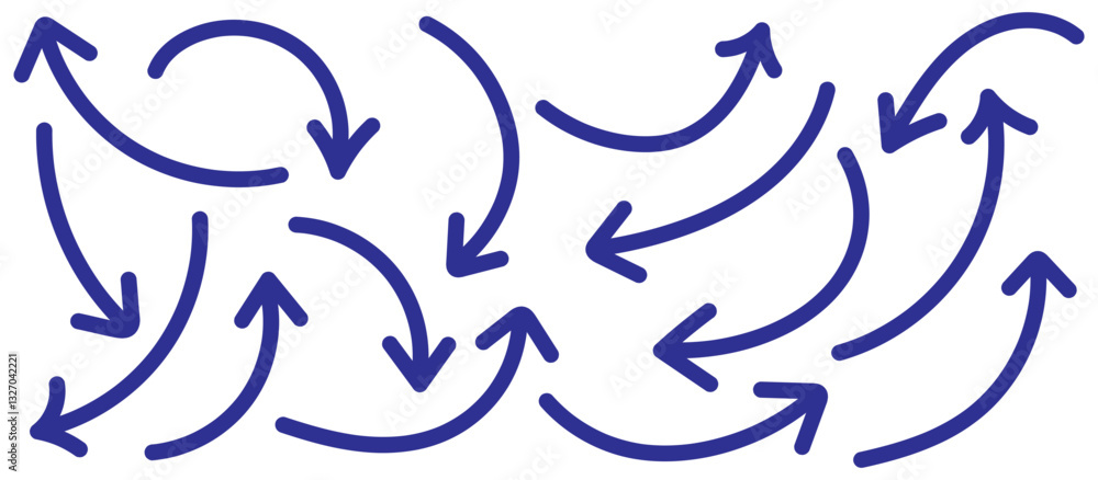 Poster set of simple lines hand drawn blue arrows in various style. set of simple of hand drawn blue arrows