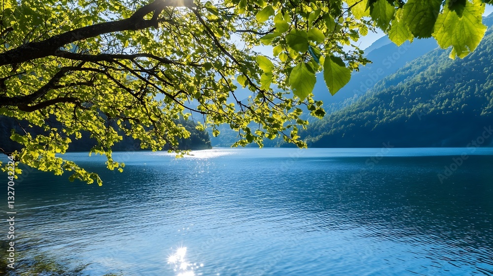 Poster serene landscape view of a sparkling lake surrounded by lush green trees and mountains under a clear