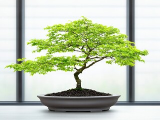 Fototapeta premium Lush green bonsai tree in a modern indoor setting with natural light